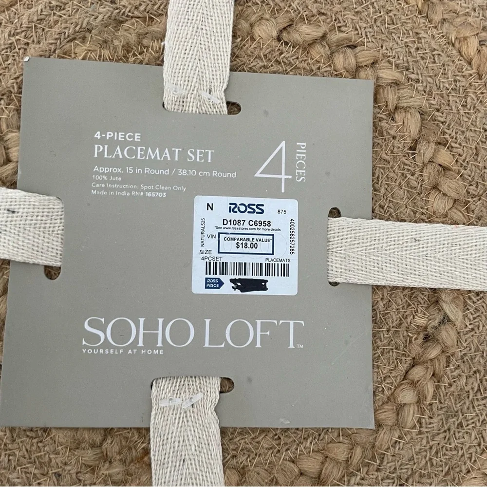 Soho Loft Jute 15” round placemats set of four NWT Boho Farmhouse